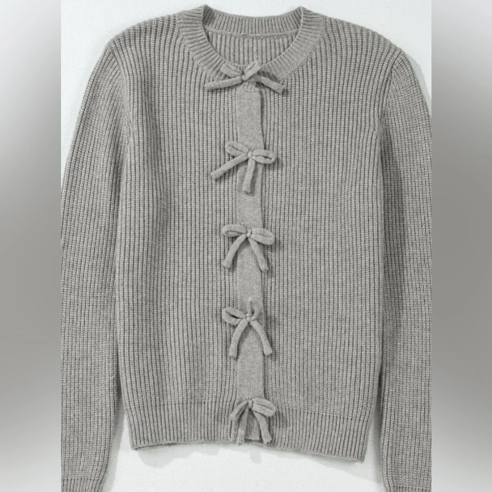 Bow Round Neck Long Sleeve Cardigan - Picture 6 of 8